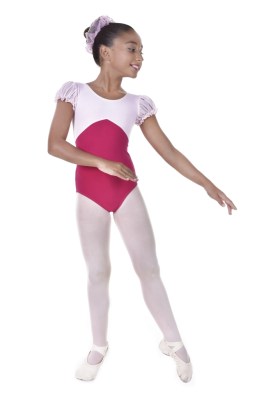 Girls bicoloured puff sleeved leotard pinched key hole